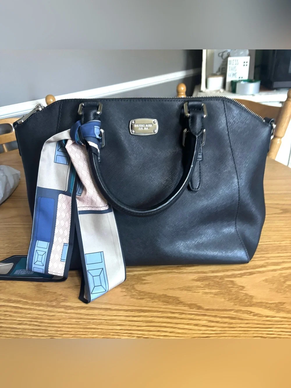 EUC Michael Kors Black Saffiano Leather Satchel with Scarf Accent
